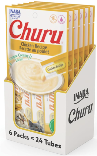 INABA Churu Cat Treats, Lickable, Squeezable Creamy Purée Cat Treat with Green Tea Extract & Taurine, 0.5 Ounces Each Tube, 24 Tubes (4 per Pack), Chicken Recipe